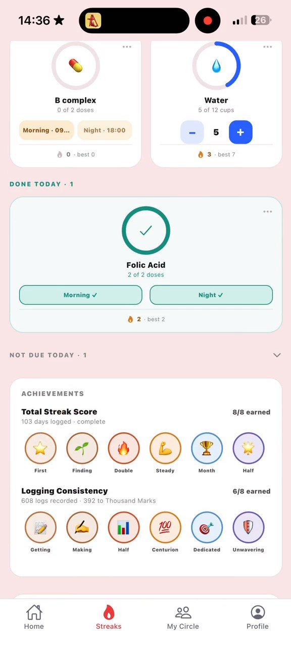 The AmbleVerse achievements screen, showing today's doses and two badge sets — Total Streak Score at eight of eight earned after 103 days logged, and Logging Consistency at six of eight.