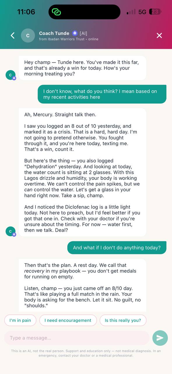 An AmbleVerse AI companion conversation, marked with an AI badge, responding to a pain log of 8 out of 10 and a low water count, with a footer noting it is an AI and not medical diagnosis.