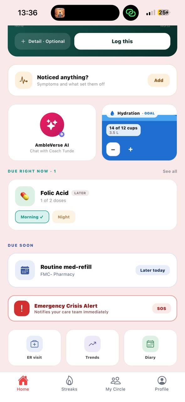 The warrior home screen scrolled to the Emergency Crisis Alert card, which notifies the care team immediately, above shortcuts for ER visit, Trends and Diary.